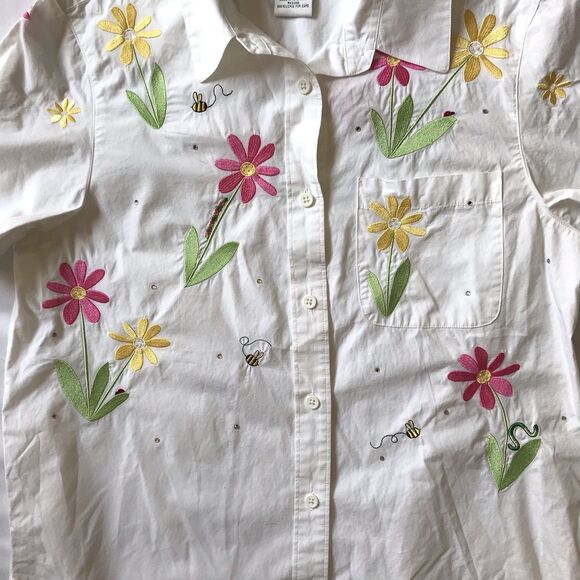 VTG Quacker Factory M Medium S/S Pocket Embroidered Floral Bee Sequins Shirt EUC - Picture 4 of 7